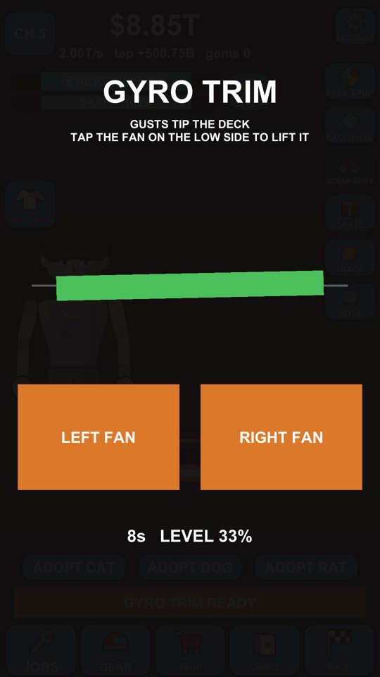 Gyro Trim: tap the low side to level the hover deck