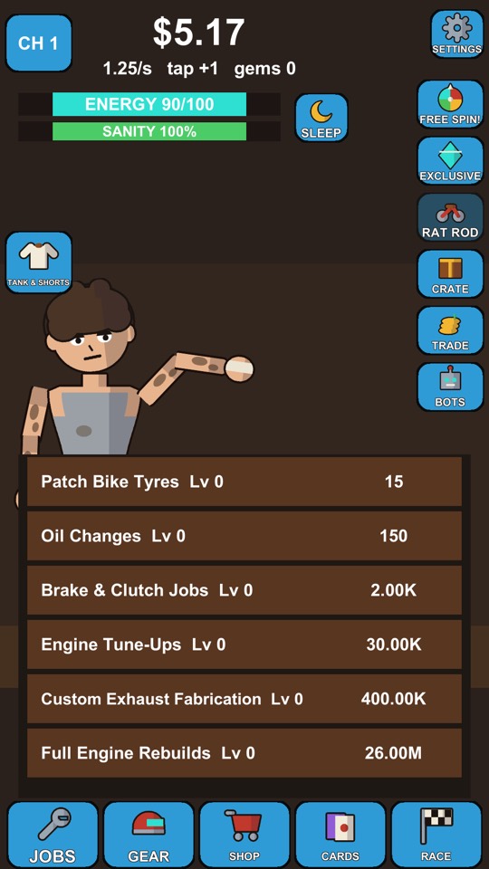The jobs tab open over the garage