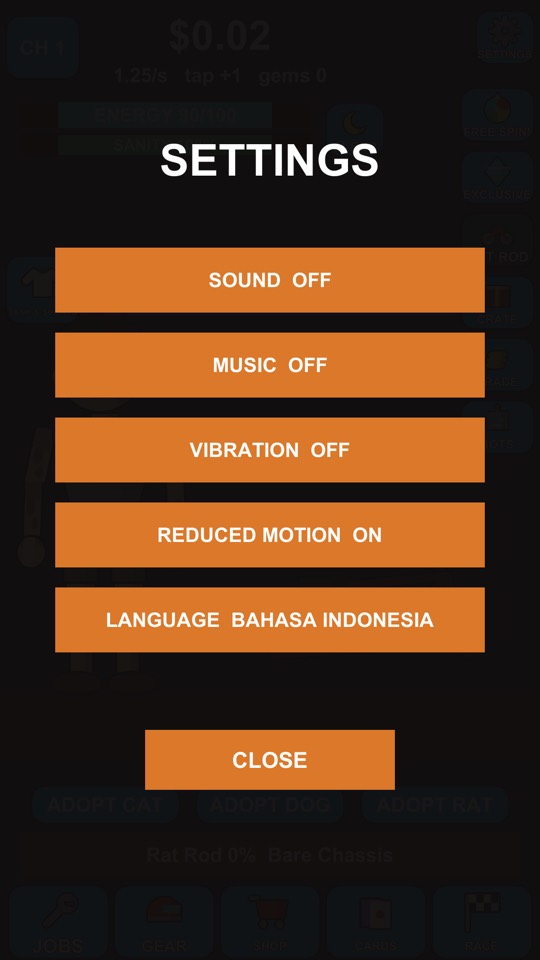 Settings with sound, music, vibration and reduced motion